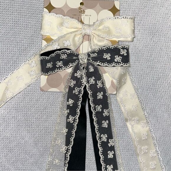 SJ Ivory White Black Ivory Satin Floral Lace Bow Tie Clips Set of 2 - Picture 1 of 5